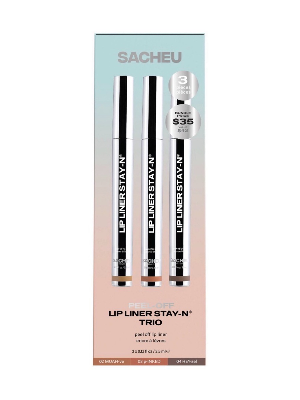 Sacheu Lip Liner Stay-N Trio Neutral Pink & Brown Shades NWT
